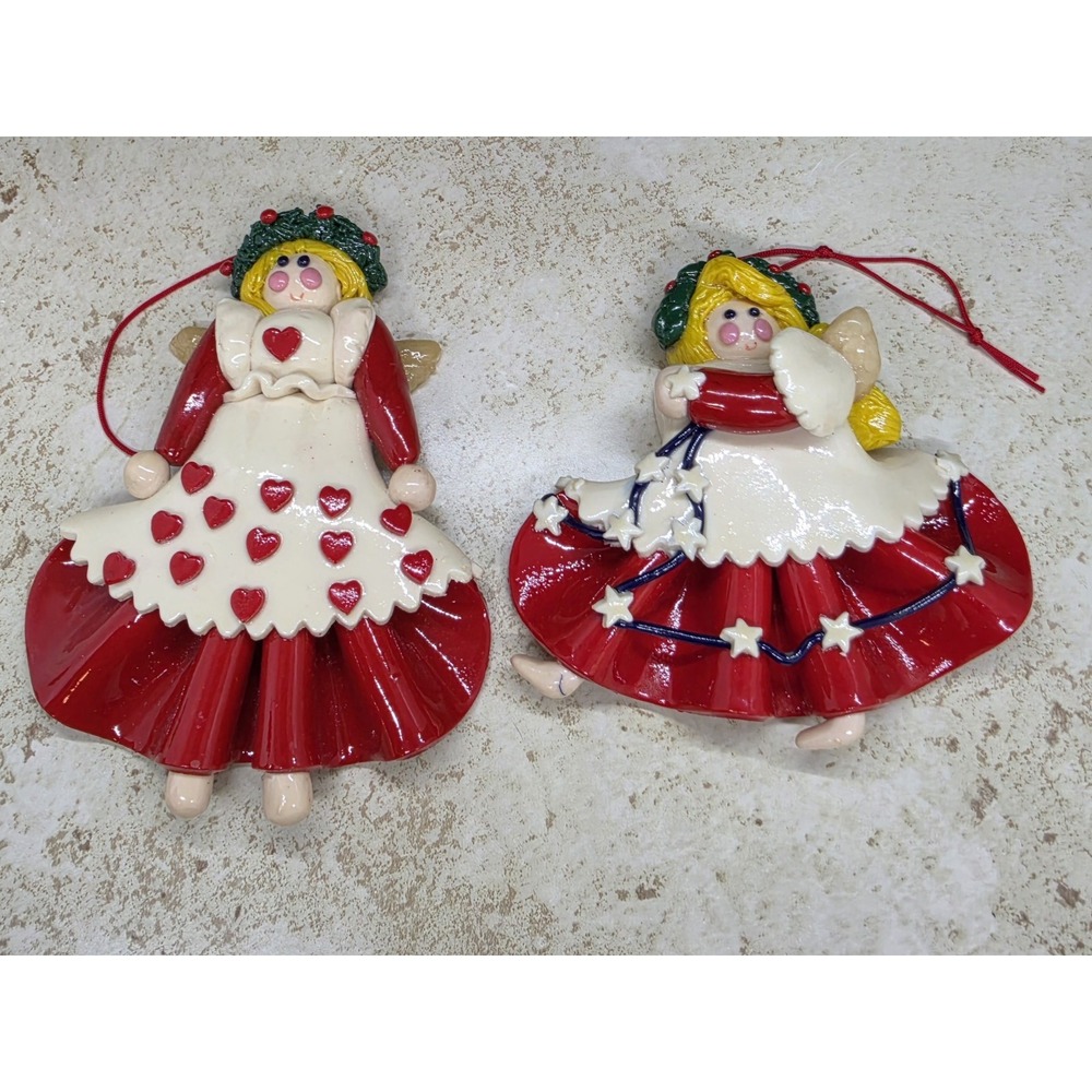 Two Vintage Silvestri Handcrafted Polymer Clay Christmas Ornaments Angels Hearts